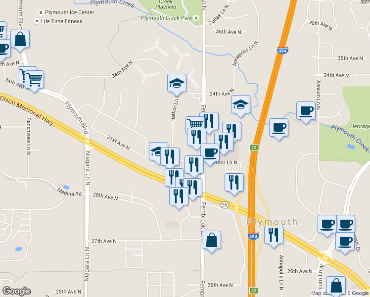 map of restaurants, bars, coffee shops, grocery stores, and more near 3030 Harbor Lane North in Plymouth