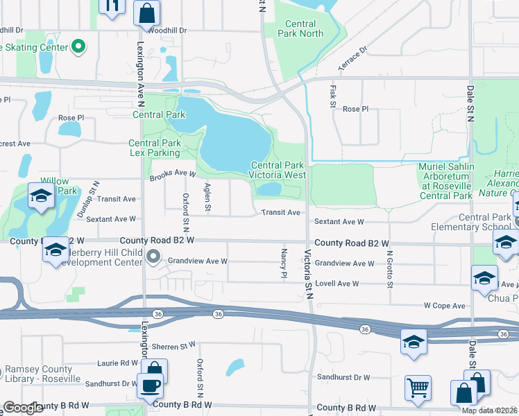 map of restaurants, bars, coffee shops, grocery stores, and more near 929 Transit Avenue in Roseville