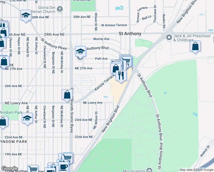 map of restaurants, bars, coffee shops, grocery stores, and more near 2626 Kenzie Terrace in Minneapolis