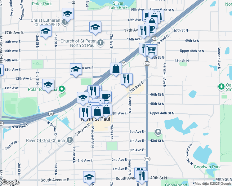 map of restaurants, bars, coffee shops, grocery stores, and more near 2607 7th Avenue East in North Saint Paul