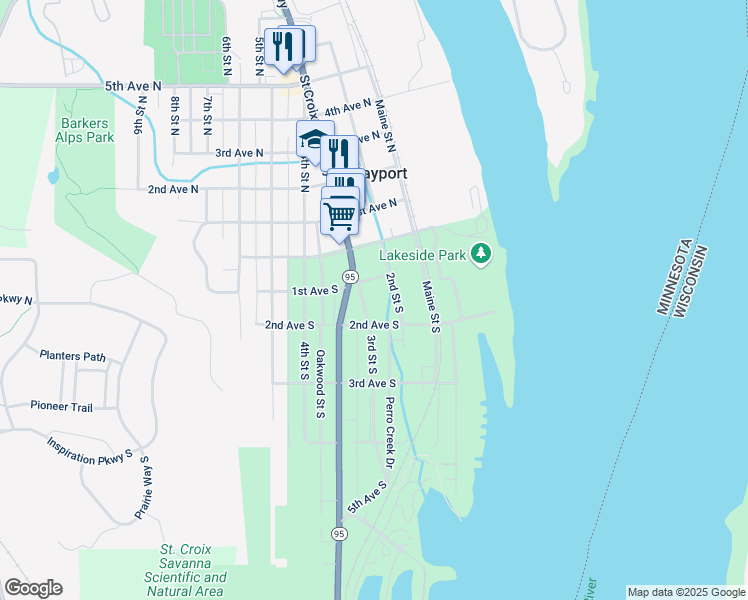 map of restaurants, bars, coffee shops, grocery stores, and more near 243 3rd St S in Bayport