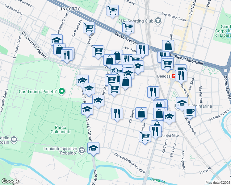 map of restaurants, bars, coffee shops, grocery stores, and more near 51-55 Via Candiolo in Turin