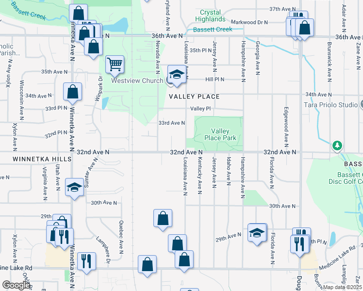 map of restaurants, bars, coffee shops, grocery stores, and more near 3209 Louisiana Avenue North in Minneapolis