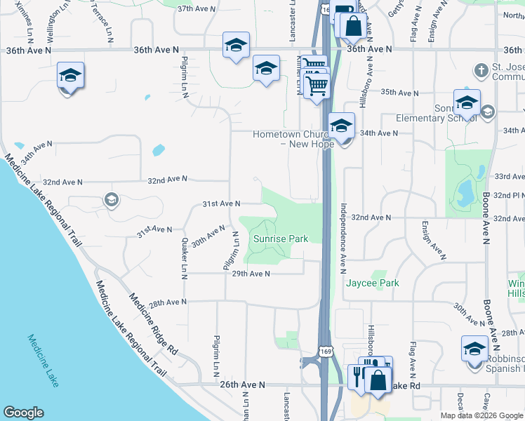 map of restaurants, bars, coffee shops, grocery stores, and more near 9885 31st Avenue North in Plymouth