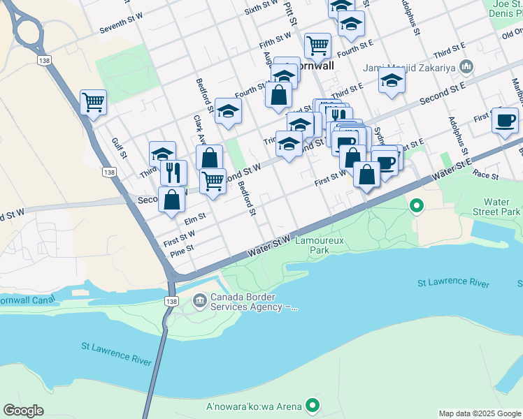 map of restaurants, bars, coffee shops, grocery stores, and more near 232 First Street West in Cornwall