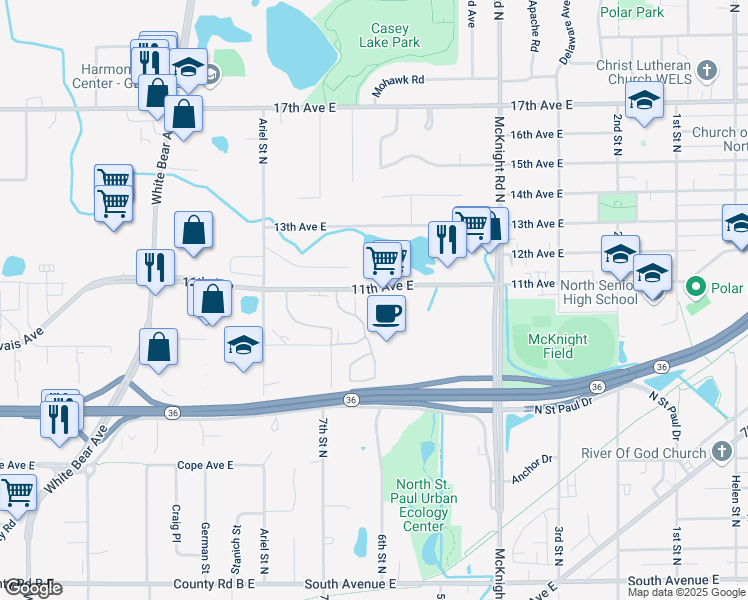 map of restaurants, bars, coffee shops, grocery stores, and more near 2080 11th Avenue in North Saint Paul
