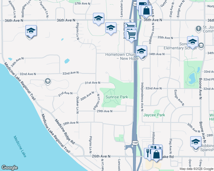 map of restaurants, bars, coffee shops, grocery stores, and more near 9885 31st Avenue North in Plymouth