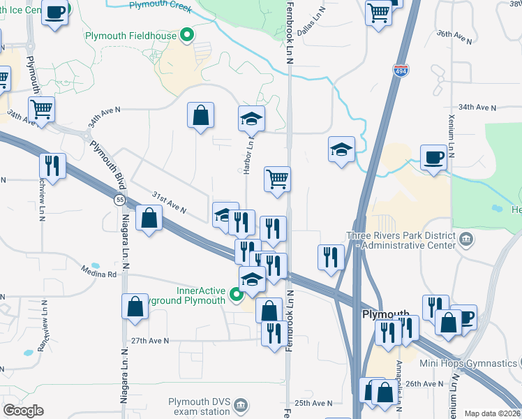map of restaurants, bars, coffee shops, grocery stores, and more near 3030 Harbor Lane North in Plymouth