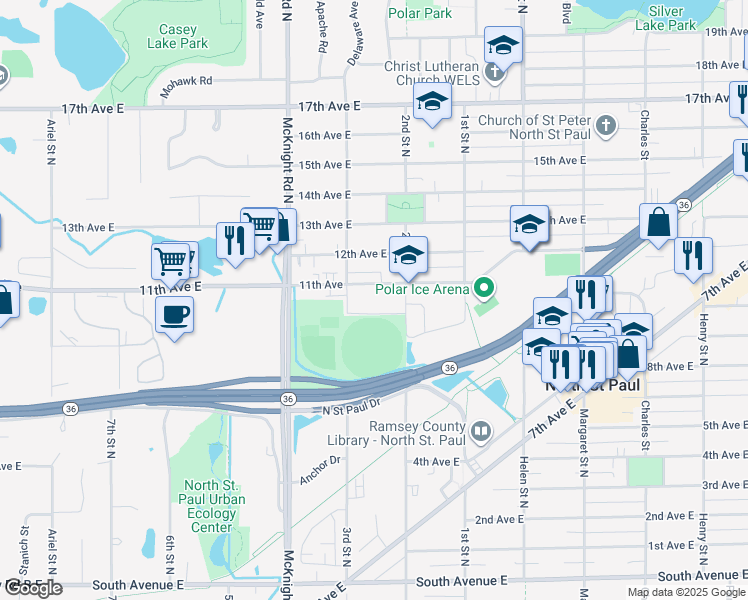 map of restaurants, bars, coffee shops, grocery stores, and more near 2343 10th Avenue East in North Saint Paul