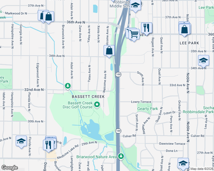 map of restaurants, bars, coffee shops, grocery stores, and more near 3216 Welcome Avenue North in Minneapolis