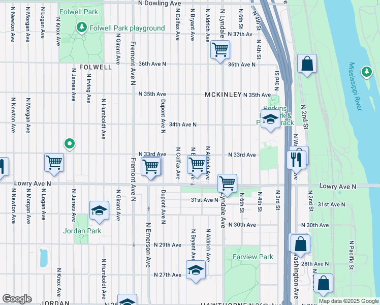 map of restaurants, bars, coffee shops, grocery stores, and more near 3301 North Bryant Avenue in Minneapolis