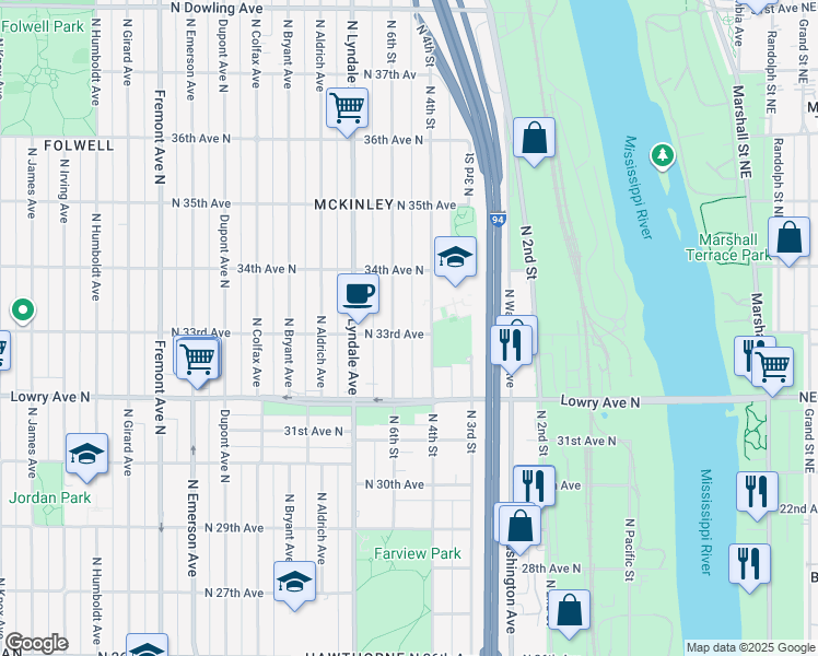 map of restaurants, bars, coffee shops, grocery stores, and more near 424 North 33rd Avenue in Minneapolis
