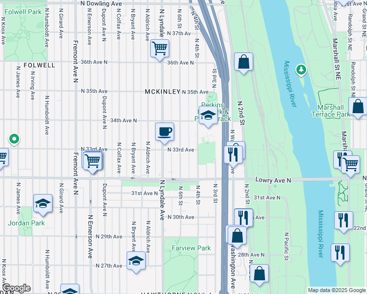 map of restaurants, bars, coffee shops, grocery stores, and more near 424 North 33rd Avenue in Minneapolis