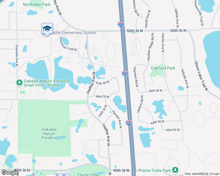 map of restaurants, bars, coffee shops, grocery stores, and more near 7089 47th Street North in Oakdale