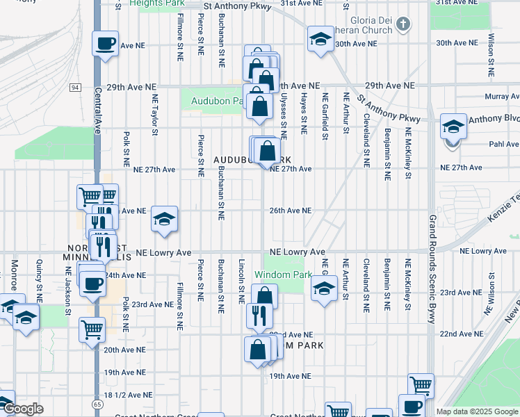 map of restaurants, bars, coffee shops, grocery stores, and more near 2601 Johnson Street Northeast in Minneapolis