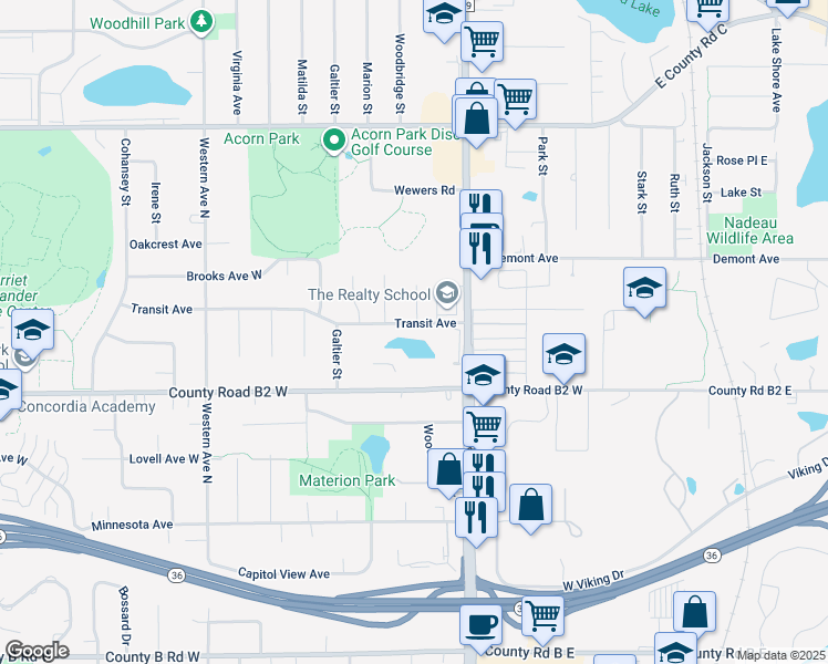map of restaurants, bars, coffee shops, grocery stores, and more near 182 Transit Avenue in Roseville