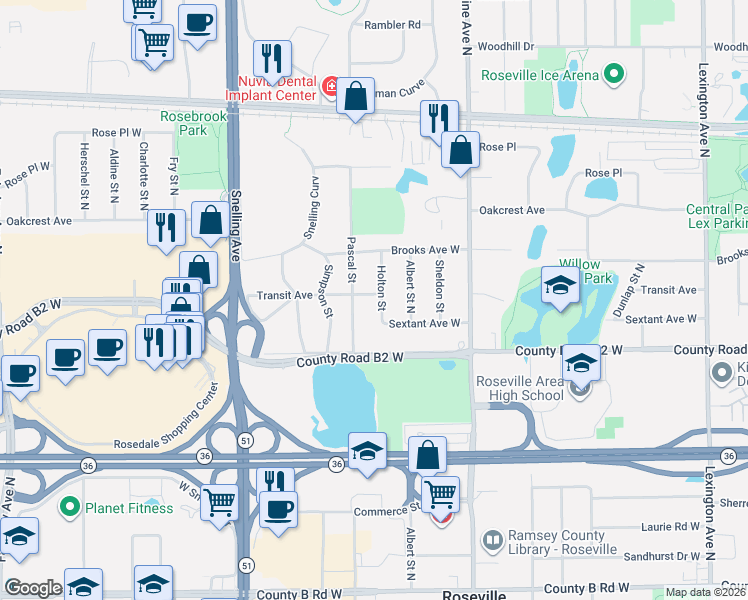 map of restaurants, bars, coffee shops, grocery stores, and more near 2450 Holton Street in Roseville