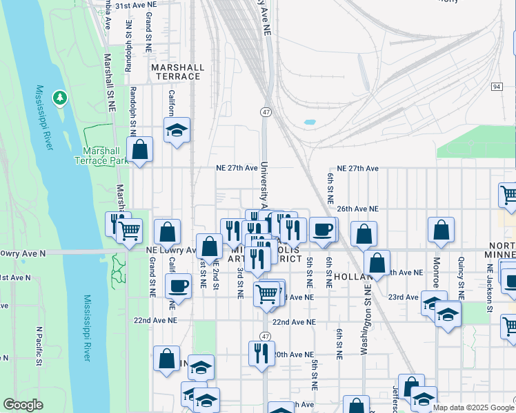 map of restaurants, bars, coffee shops, grocery stores, and more near 2601 3rd Street Northeast in Minneapolis