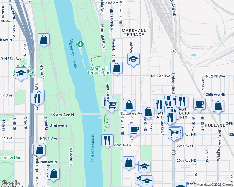 map of restaurants, bars, coffee shops, grocery stores, and more near 2600 Randolph Street Northeast in Minneapolis