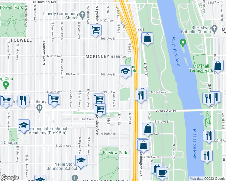map of restaurants, bars, coffee shops, grocery stores, and more near 424 North 33rd Avenue in Minneapolis