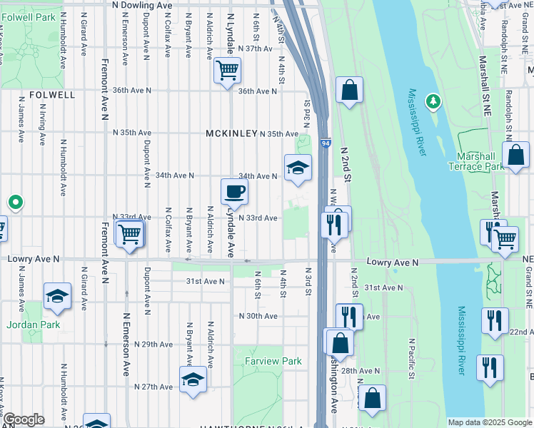 map of restaurants, bars, coffee shops, grocery stores, and more near 424 North 33rd Avenue in Minneapolis