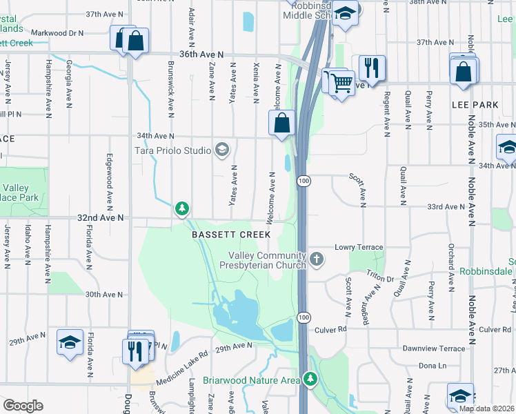 map of restaurants, bars, coffee shops, grocery stores, and more near 3217 Xenia Avenue North in Minneapolis