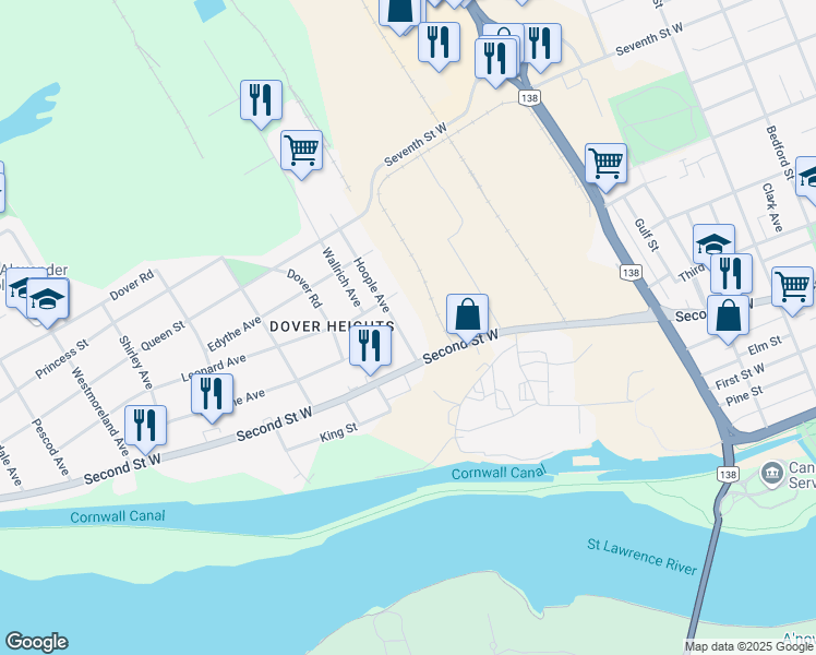 map of restaurants, bars, coffee shops, grocery stores, and more near 207 Hoople Avenue in Cornwall