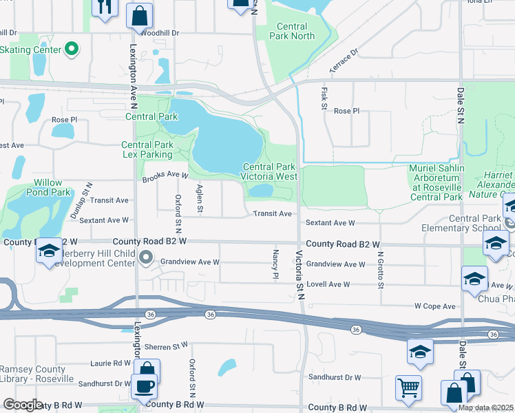 map of restaurants, bars, coffee shops, grocery stores, and more near 929 Transit Avenue in Roseville