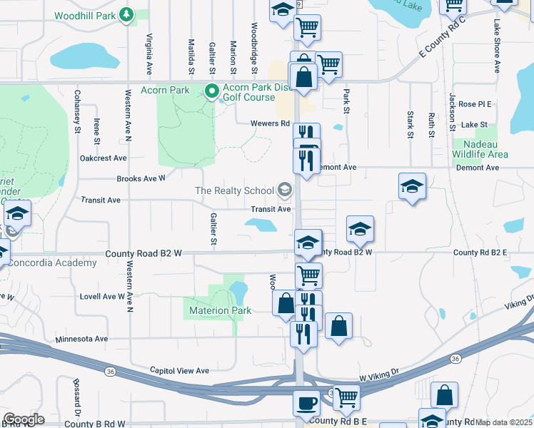 map of restaurants, bars, coffee shops, grocery stores, and more near 182 Transit Avenue in Roseville