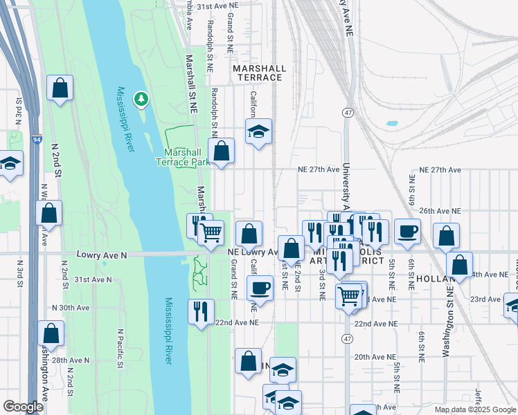 map of restaurants, bars, coffee shops, grocery stores, and more near 2601 California Street Northeast in Minneapolis