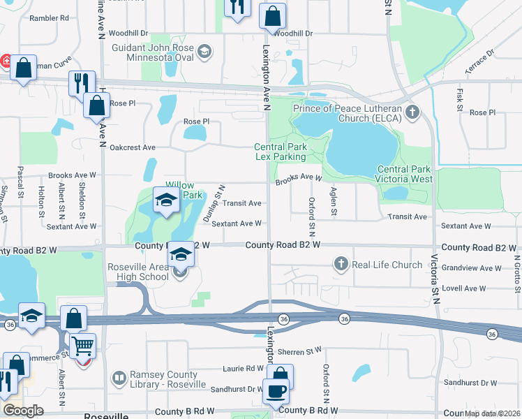 map of restaurants, bars, coffee shops, grocery stores, and more near 1114 Transit Avenue in Roseville