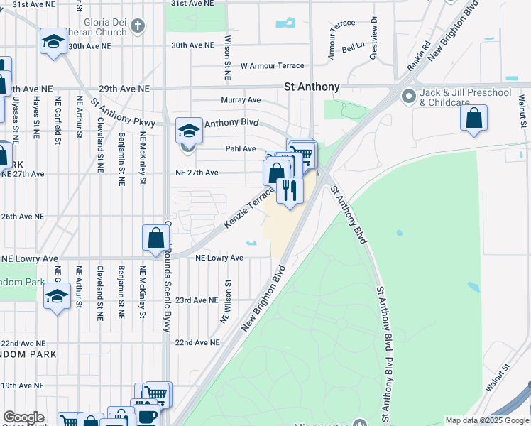 map of restaurants, bars, coffee shops, grocery stores, and more near 2654 Kenzie Terrace in Minneapolis