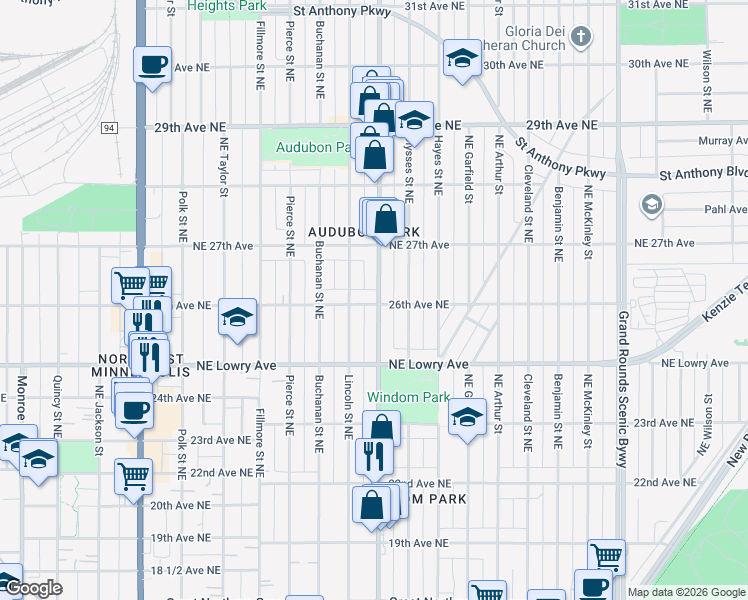 map of restaurants, bars, coffee shops, grocery stores, and more near 2601 Johnson Street Northeast in Minneapolis