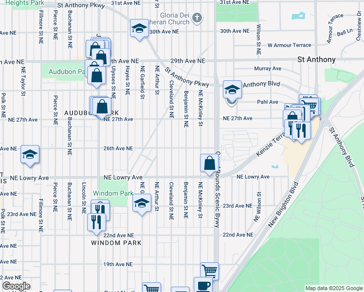 map of restaurants, bars, coffee shops, grocery stores, and more near 2600 Northeast Benjamin Street in Minneapolis