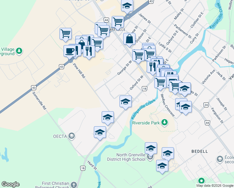 map of restaurants, bars, coffee shops, grocery stores, and more near 181 Oxford Street West in Kemptville