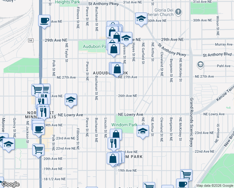 map of restaurants, bars, coffee shops, grocery stores, and more near 2601 Johnson Street Northeast in Minneapolis