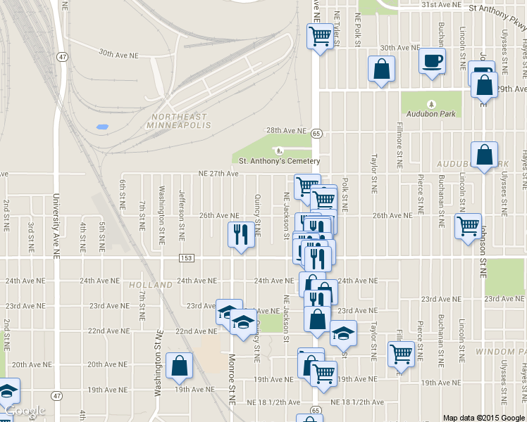 map of restaurants, bars, coffee shops, grocery stores, and more near 803 26th Avenue Northeast in Minneapolis