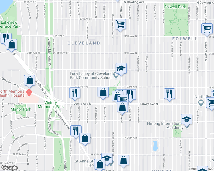 map of restaurants, bars, coffee shops, grocery stores, and more near 3300 Russell Avenue North in Minneapolis