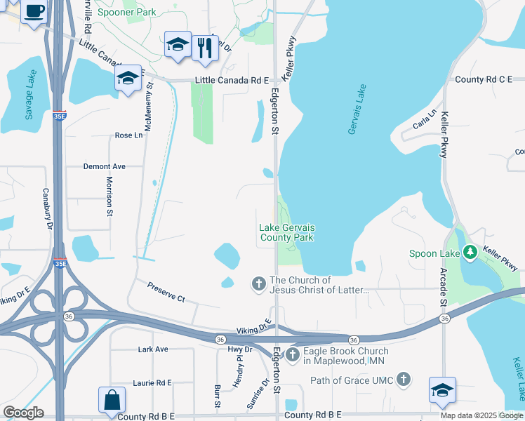 map of restaurants, bars, coffee shops, grocery stores, and more near 2460 Sunrise Drive in Little Canada