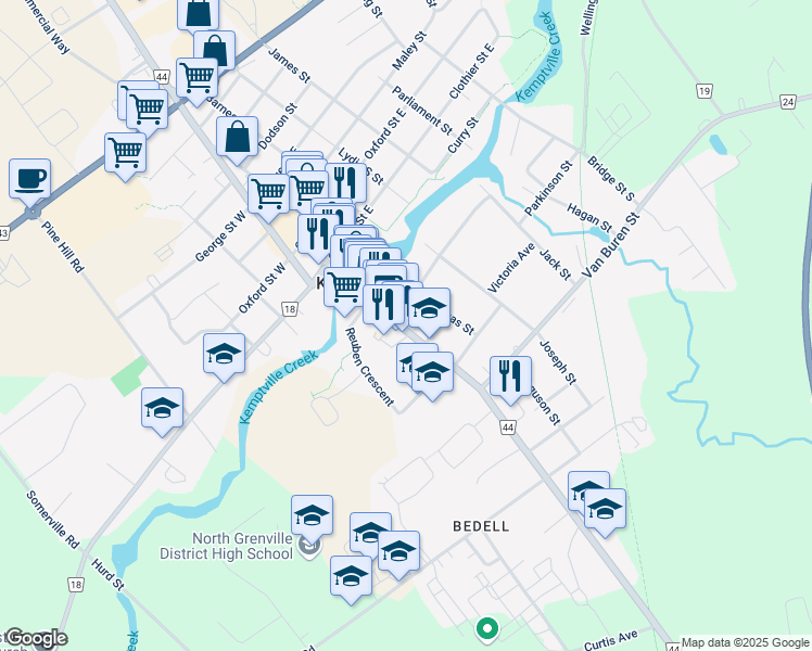 map of restaurants, bars, coffee shops, grocery stores, and more near 223 Prescott Street in Kemptville