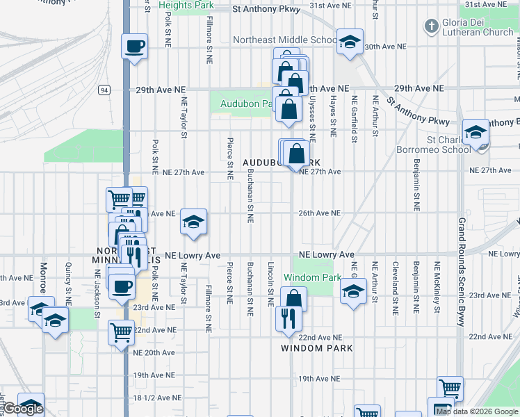 map of restaurants, bars, coffee shops, grocery stores, and more near 2554 Lincoln Street Northeast in Minneapolis