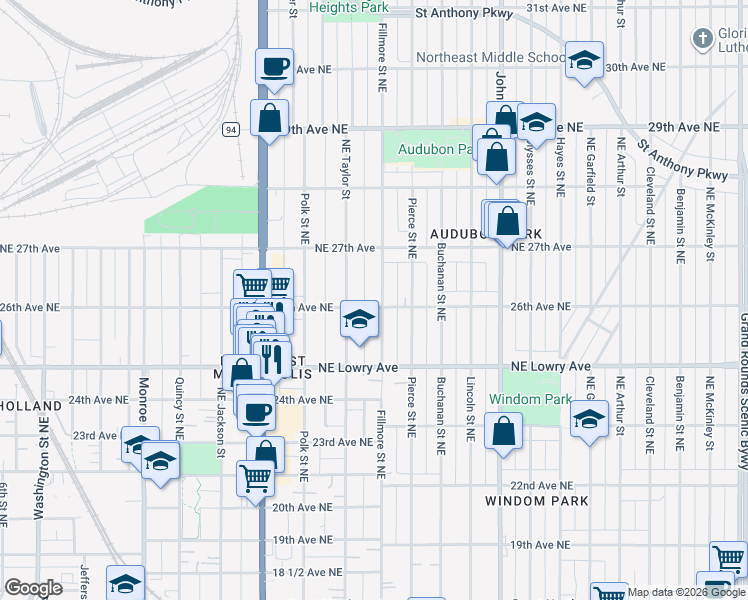 map of restaurants, bars, coffee shops, grocery stores, and more near 1113 26th Avenue Northeast in Minneapolis