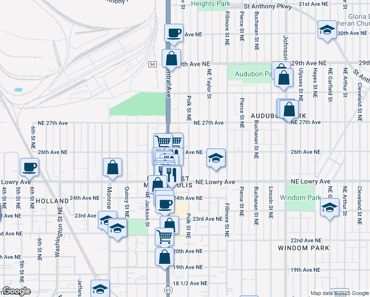 map of restaurants, bars, coffee shops, grocery stores, and more near 957 26th Avenue Northeast in Minneapolis