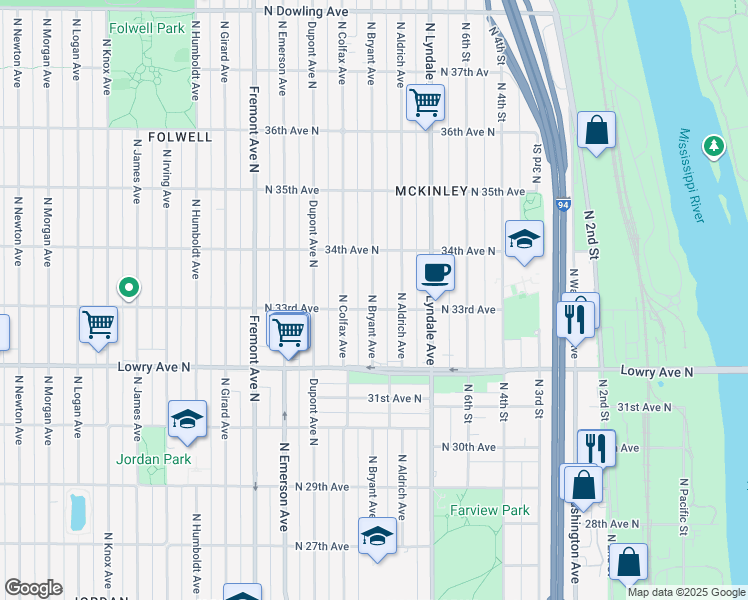map of restaurants, bars, coffee shops, grocery stores, and more near 3301 North Bryant Avenue in Minneapolis