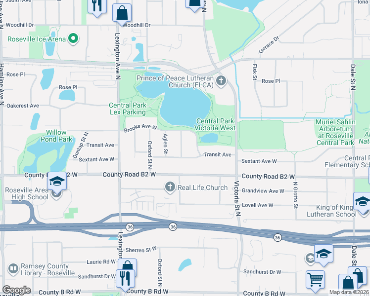 map of restaurants, bars, coffee shops, grocery stores, and more near 2448 North Chatsworth Street in Roseville