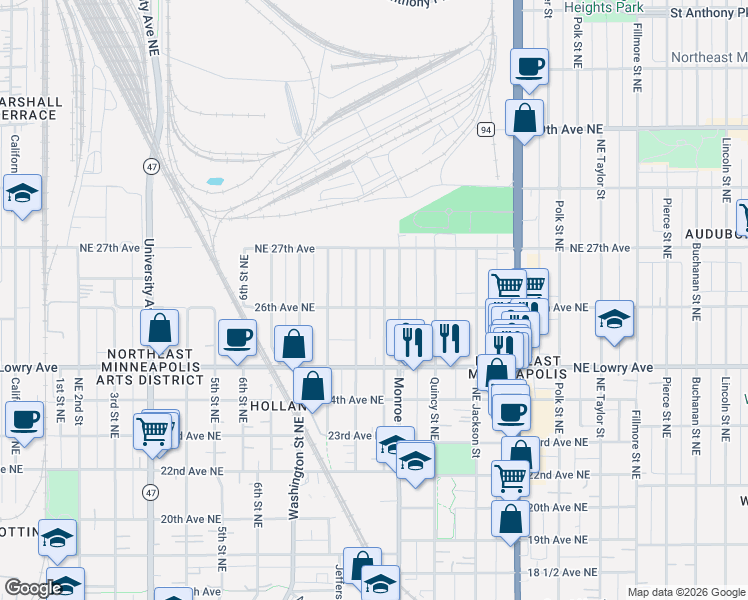 map of restaurants, bars, coffee shops, grocery stores, and more near 687 26th Avenue Northeast in Minneapolis