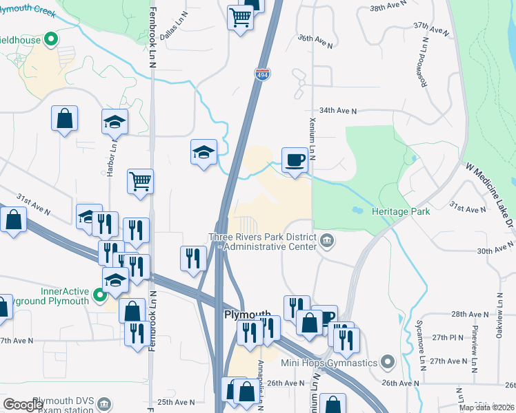 map of restaurants, bars, coffee shops, grocery stores, and more near 3033 Campus Drive in Plymouth
