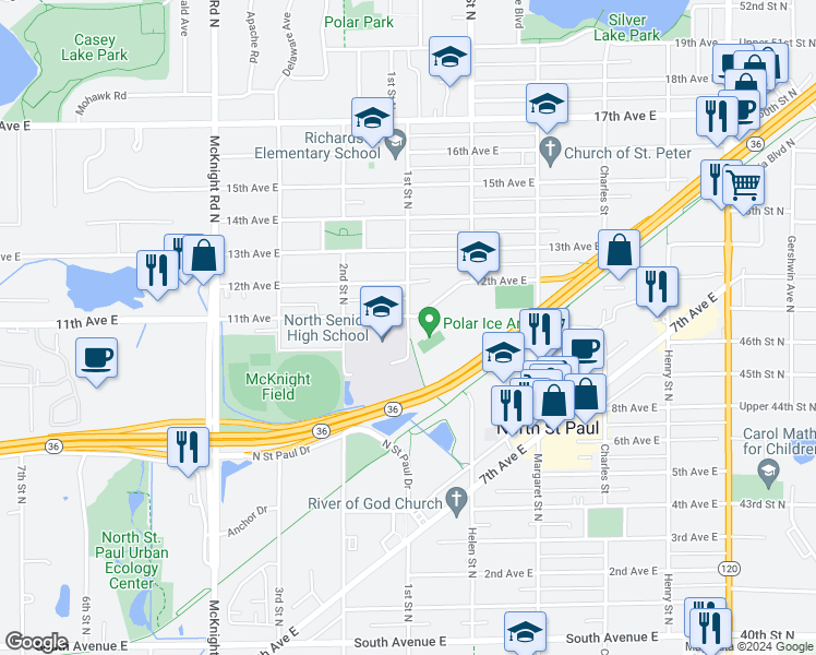 map of restaurants, bars, coffee shops, grocery stores, and more near 2115 1st Street North in North Saint Paul