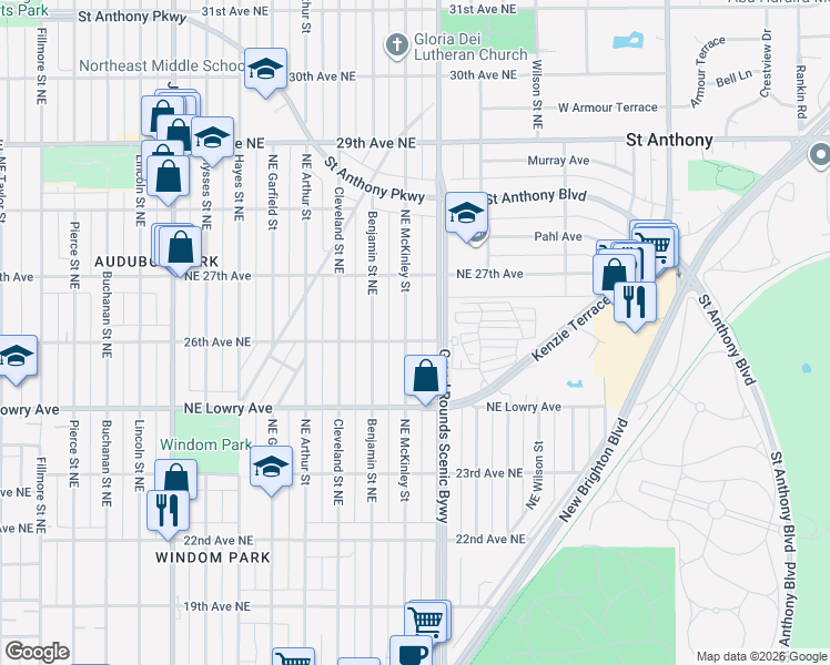 map of restaurants, bars, coffee shops, grocery stores, and more near in Minneapolis