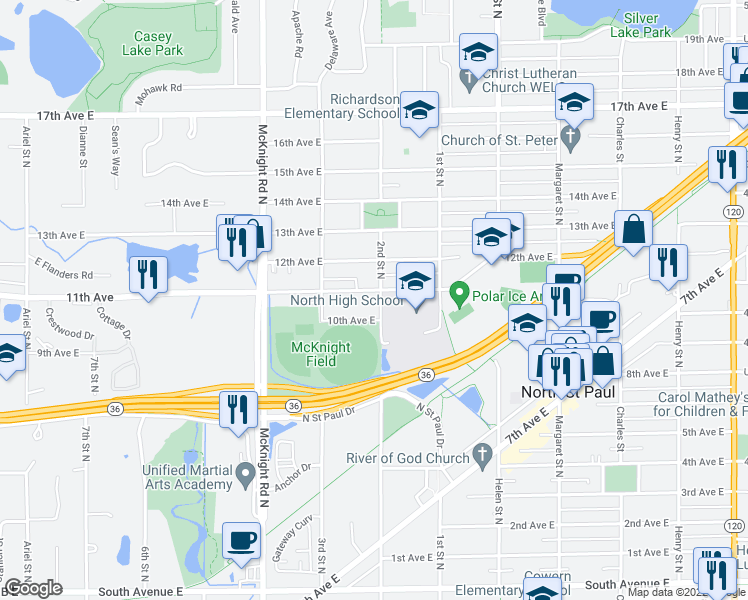 map of restaurants, bars, coffee shops, grocery stores, and more near 2363 10th Avenue East in North Saint Paul